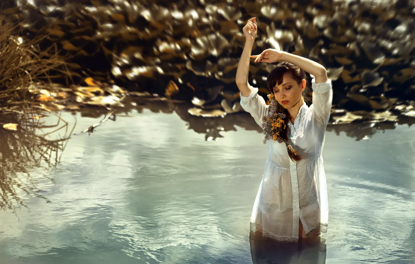 Photo wallpaper BRAID, FLOWERS, BROWN hair, POND, NIGHTIE, LAKE