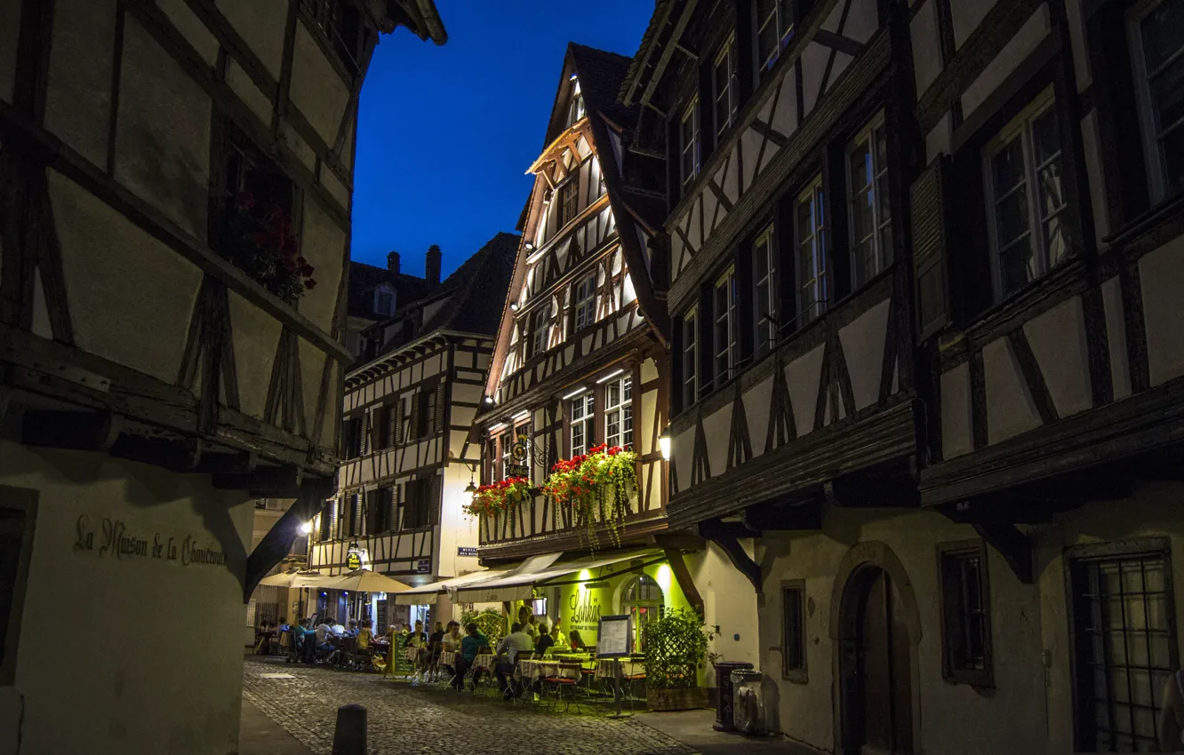 Photo wallpaper night, lights, street, France, home, restaurant, Strasbourg