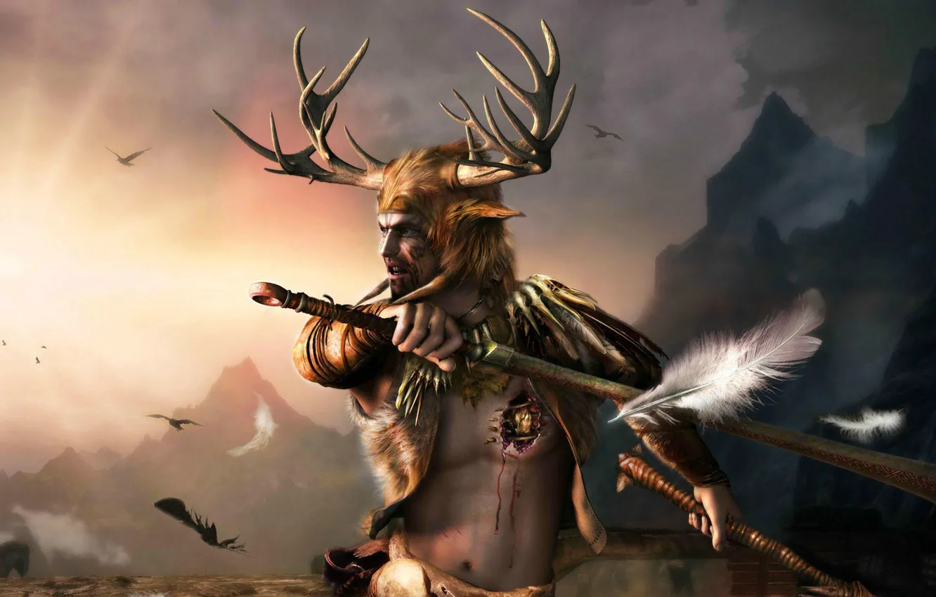 Photo wallpaper weapons, heart, feathers, horns, helmet, male, armor, the elder scrolls