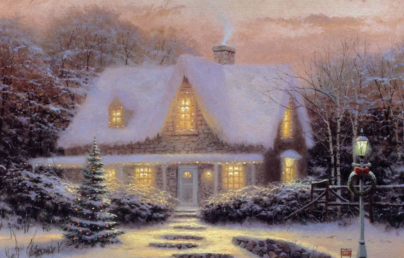 Photo wallpaper winter, sunset, toys, tree, the evening, Christmas, house, Thomas Kinkade