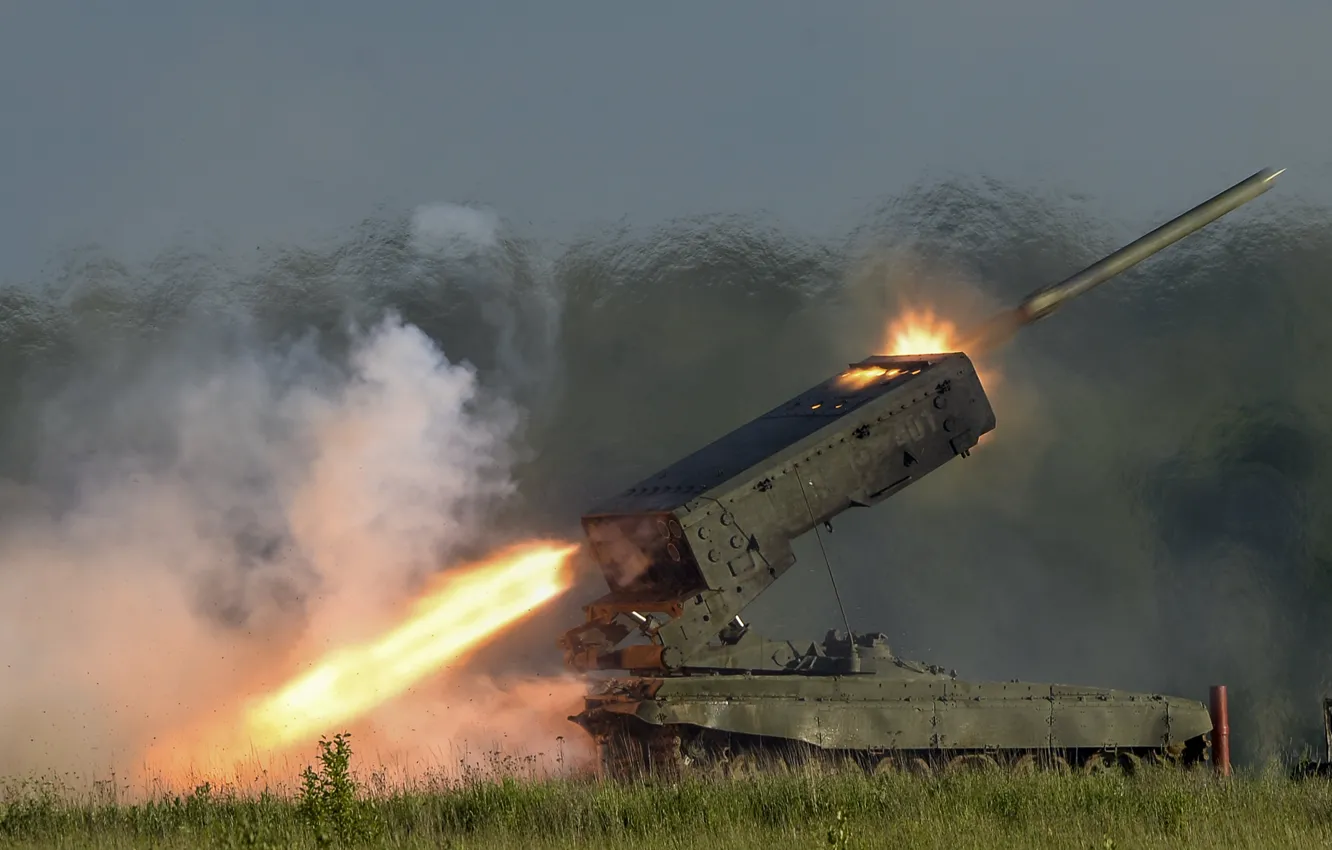Photo wallpaper rocket, volley, TOS-1, Sun, Heavy flamethrower system