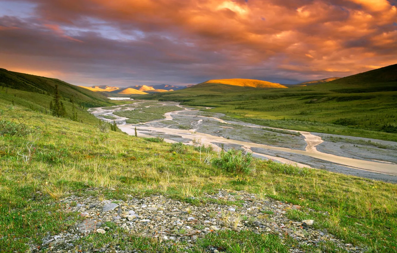 Photo wallpaper the sky, grass, river