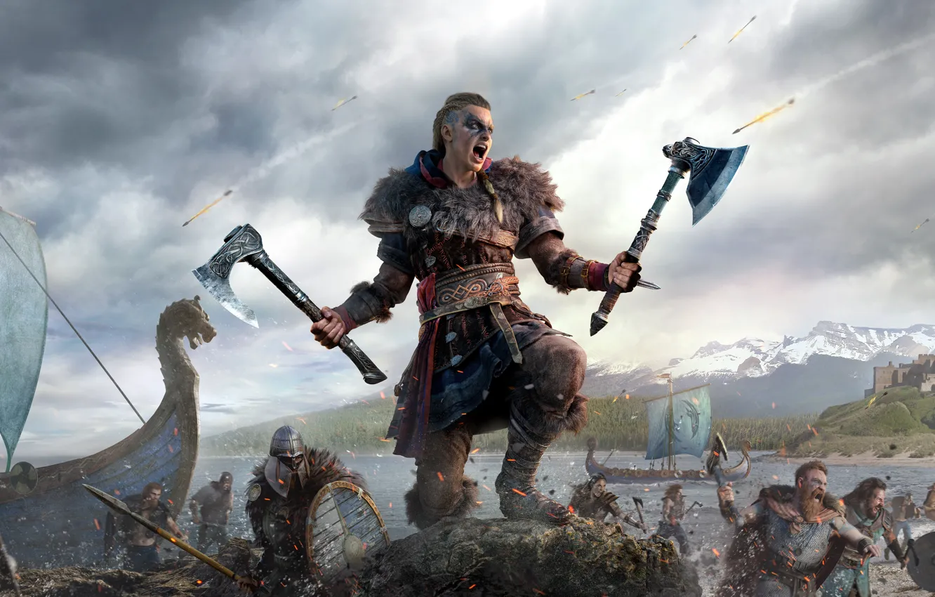 Photo wallpaper axe, warrior, Assassin's Creed, Drakkar, Assassin's Creed Valhalla, Shaved