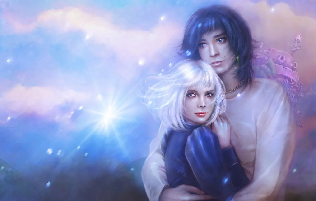 Photo wallpaper girl, art, hugs, guy, Hayao Miyazaki, Howl's moving castle, Howl's Moving Castle, Howl