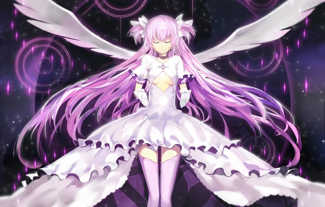 Photo wallpaper girl, smile, magic, wings, art, mahou shoujo madoka magica, madoka kaname, Saberiii