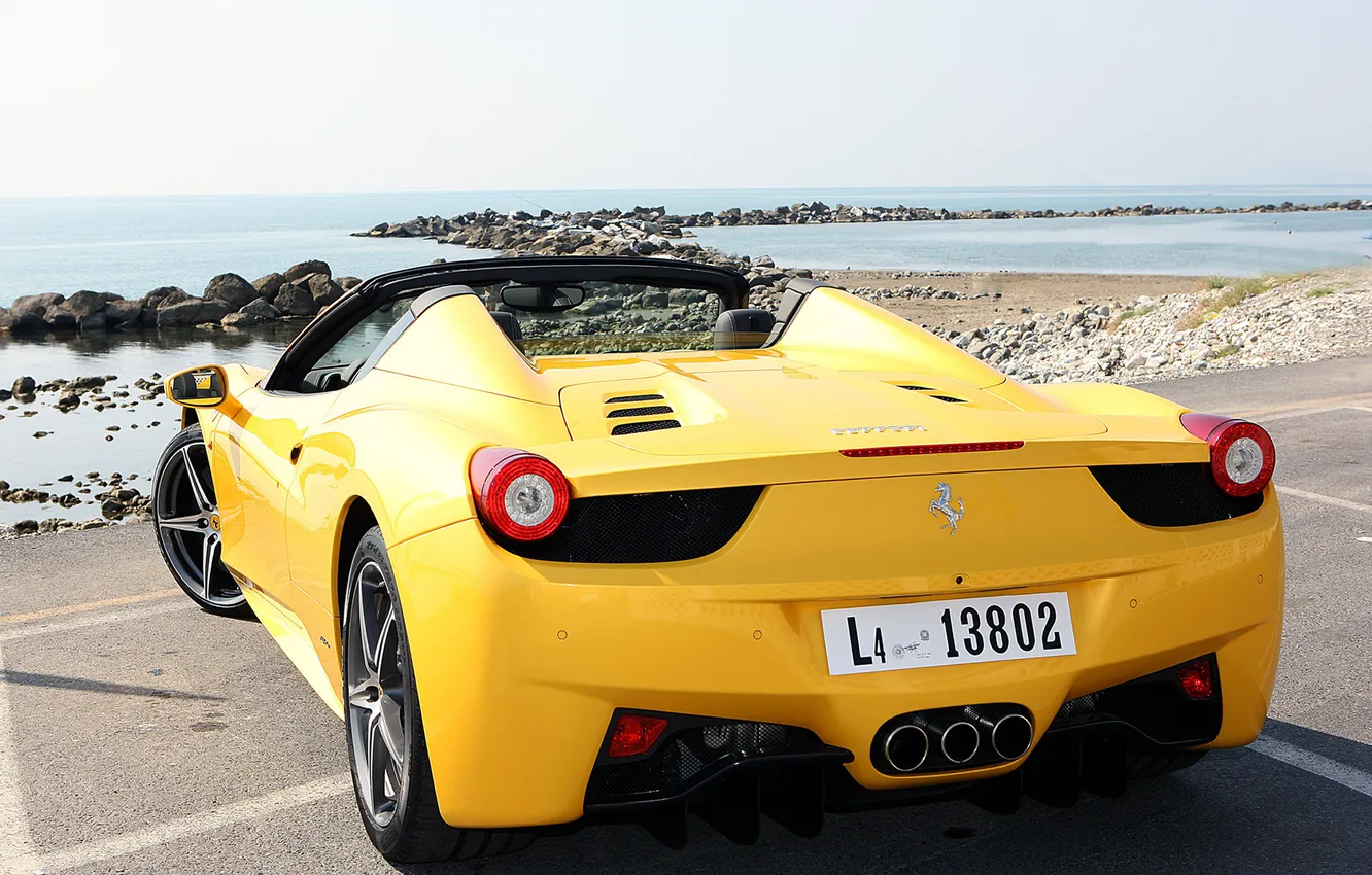 Photo wallpaper sea, the sky, yellow, shore, spider, braid, Ferrari, supercar
