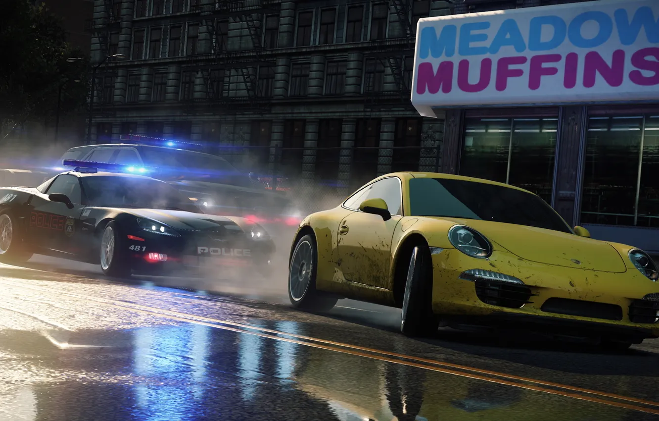 Photo wallpaper yellow, the city, track, police, puddle, Porche, Need for Speed, most wanted
