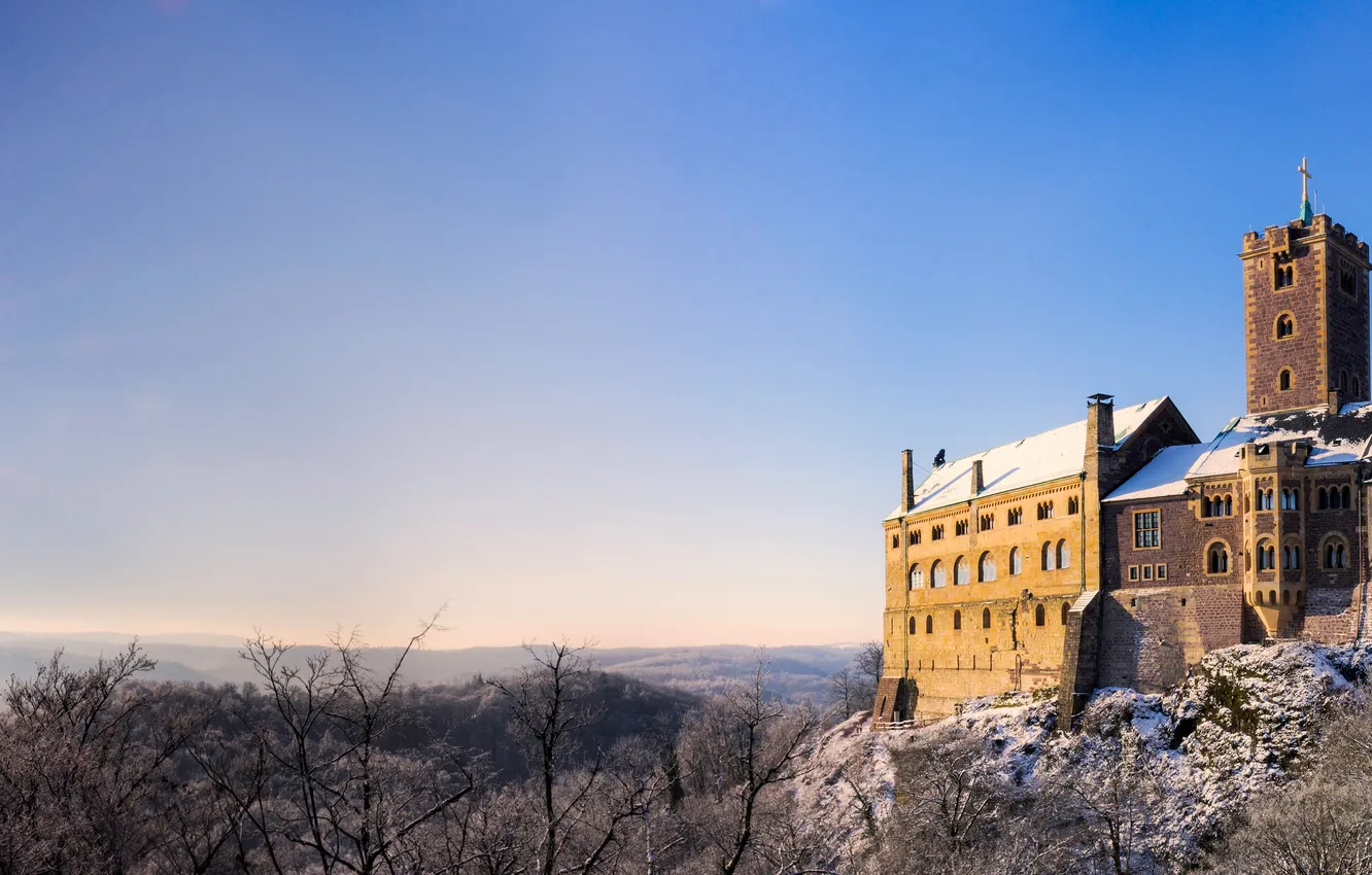 Photo wallpaper the sun, mountains, castle, Germany, panorama, Germany, Thuringia, Wartburg Castle