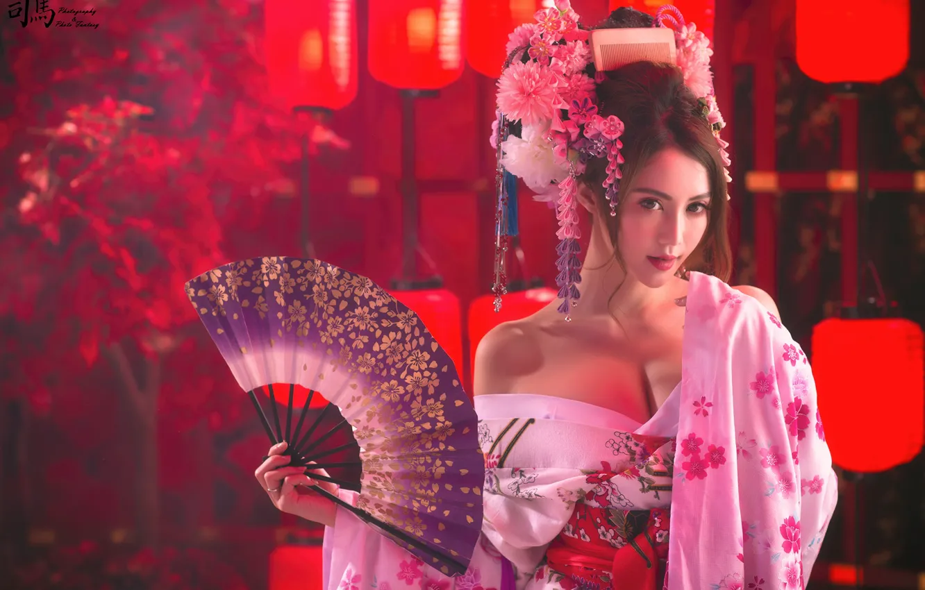 Photo wallpaper girl, fan, hairstyle, outfit, Asian