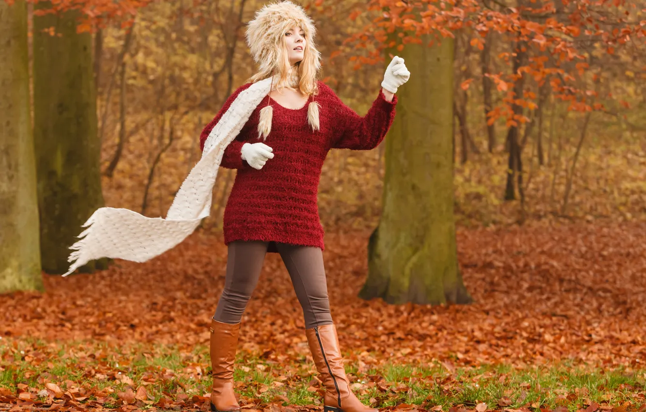 Photo wallpaper autumn, girl, pose, foliage, boots, scarf, sweater