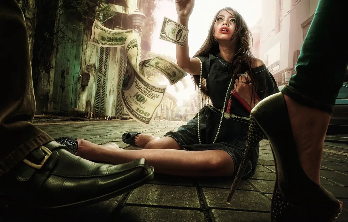 Photo wallpaper girl, street, money, dollars, bills, passers-by