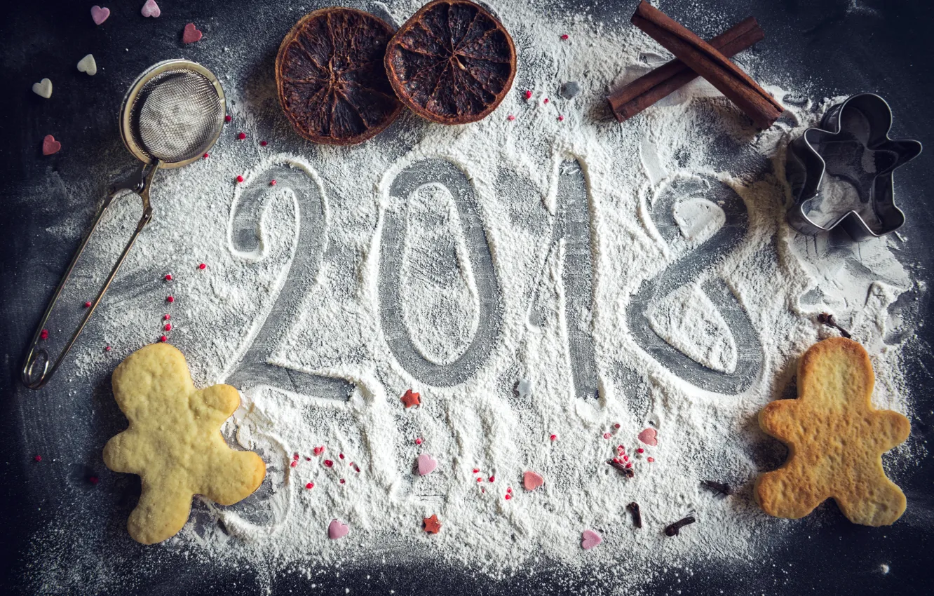 Photo wallpaper decoration, new year, cookies, happy new year, 2018, flour, cookies, decoration