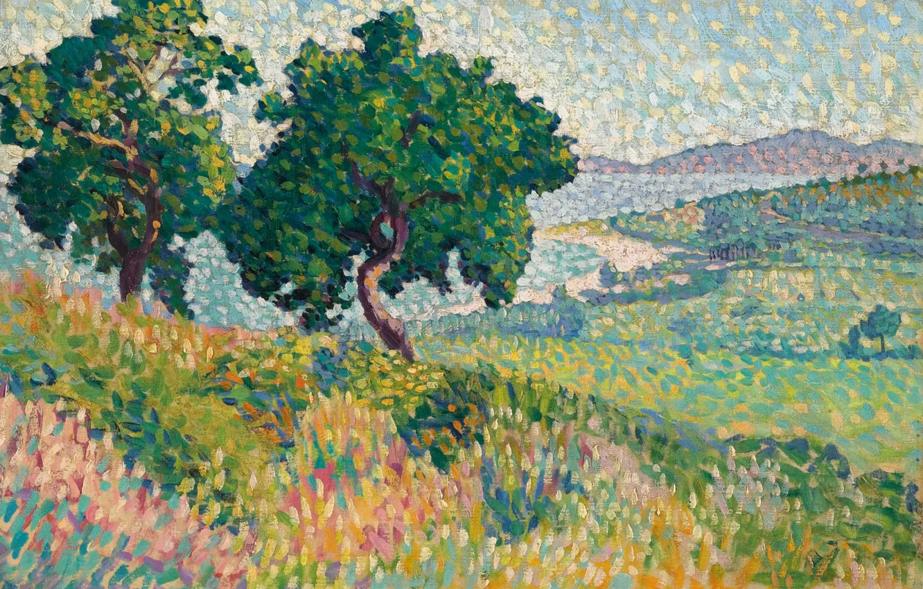 Photo wallpaper landscape, picture, Henri Edmond Cross, pointillism, Henri Cross, The Bay Of Saint-Clair