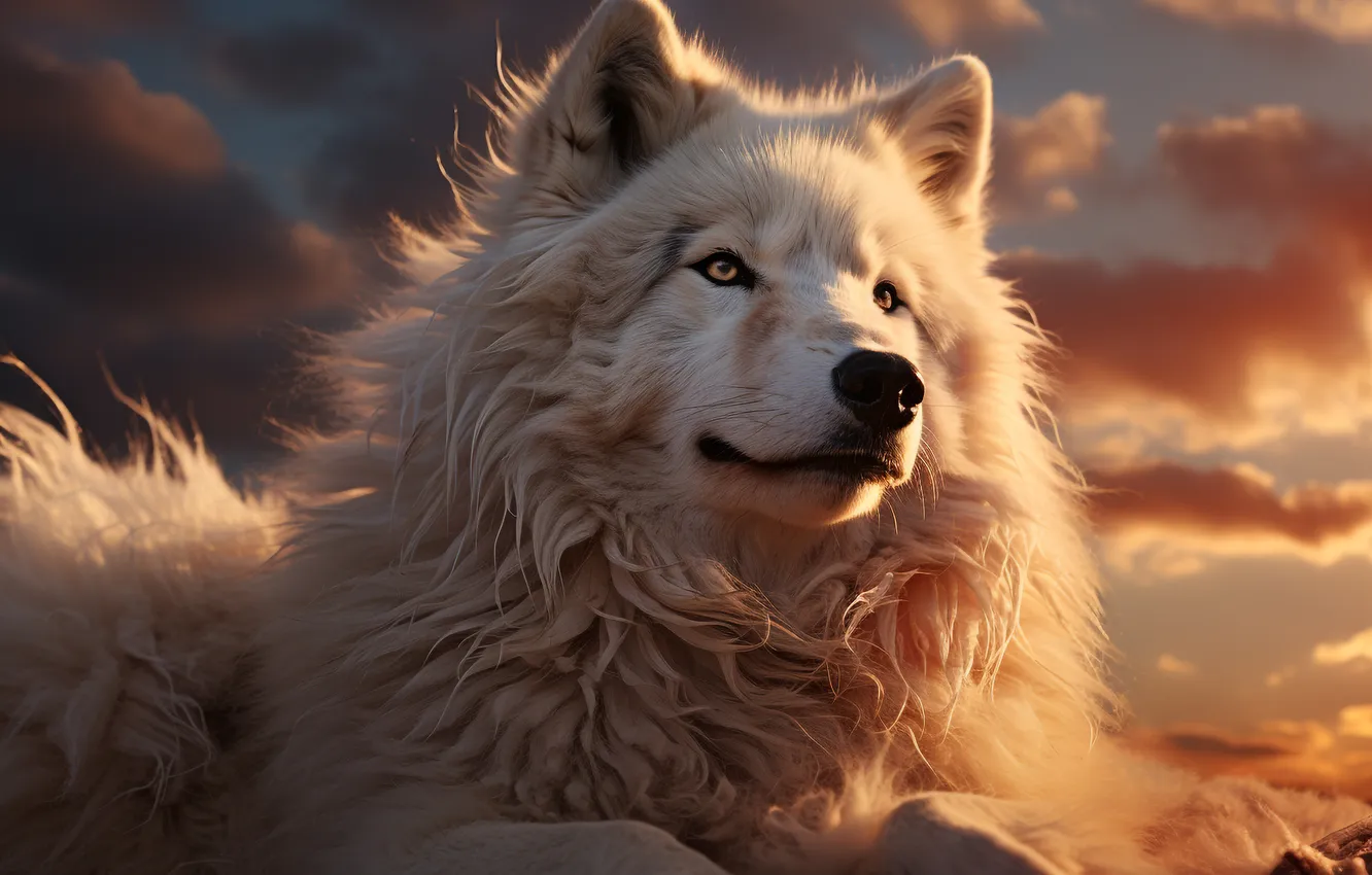 Photo wallpaper white, the sky, look, clouds, sunset, nature, wolf, portrait