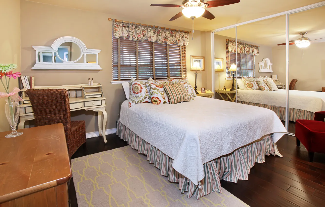 Photo wallpaper table, bed, interior, mirror, chandelier, wardrobe, bedroom