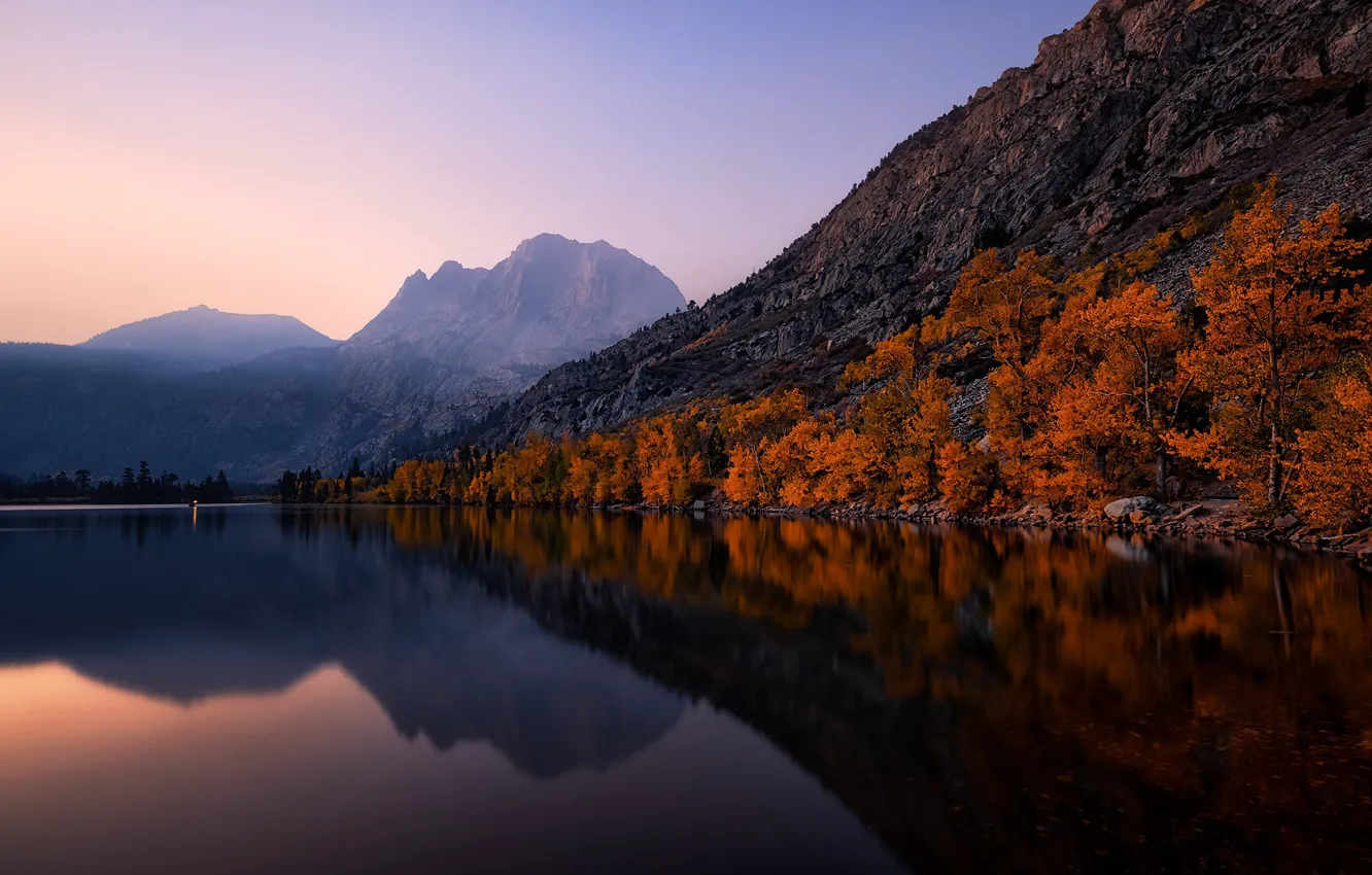Photo wallpaper autumn, mountains, lake, reflection, CA, California, Sierra Nevada, Sierra Nevada