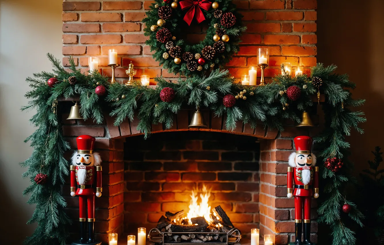 Photo wallpaper room, tree, new year, interior, Christmas, fireplace, Christmas, view