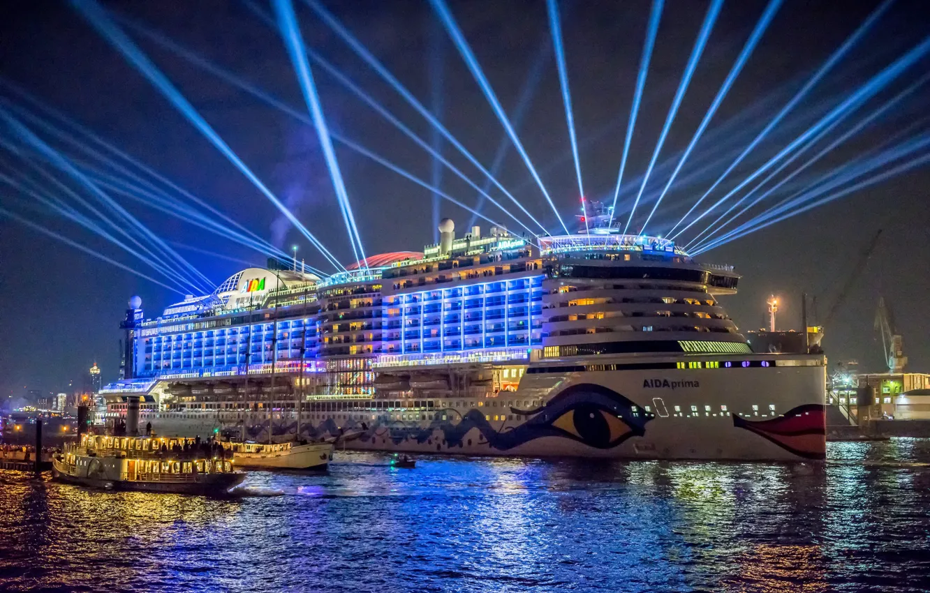 Photo wallpaper rays, Germany, pier, liner, Hamburg
