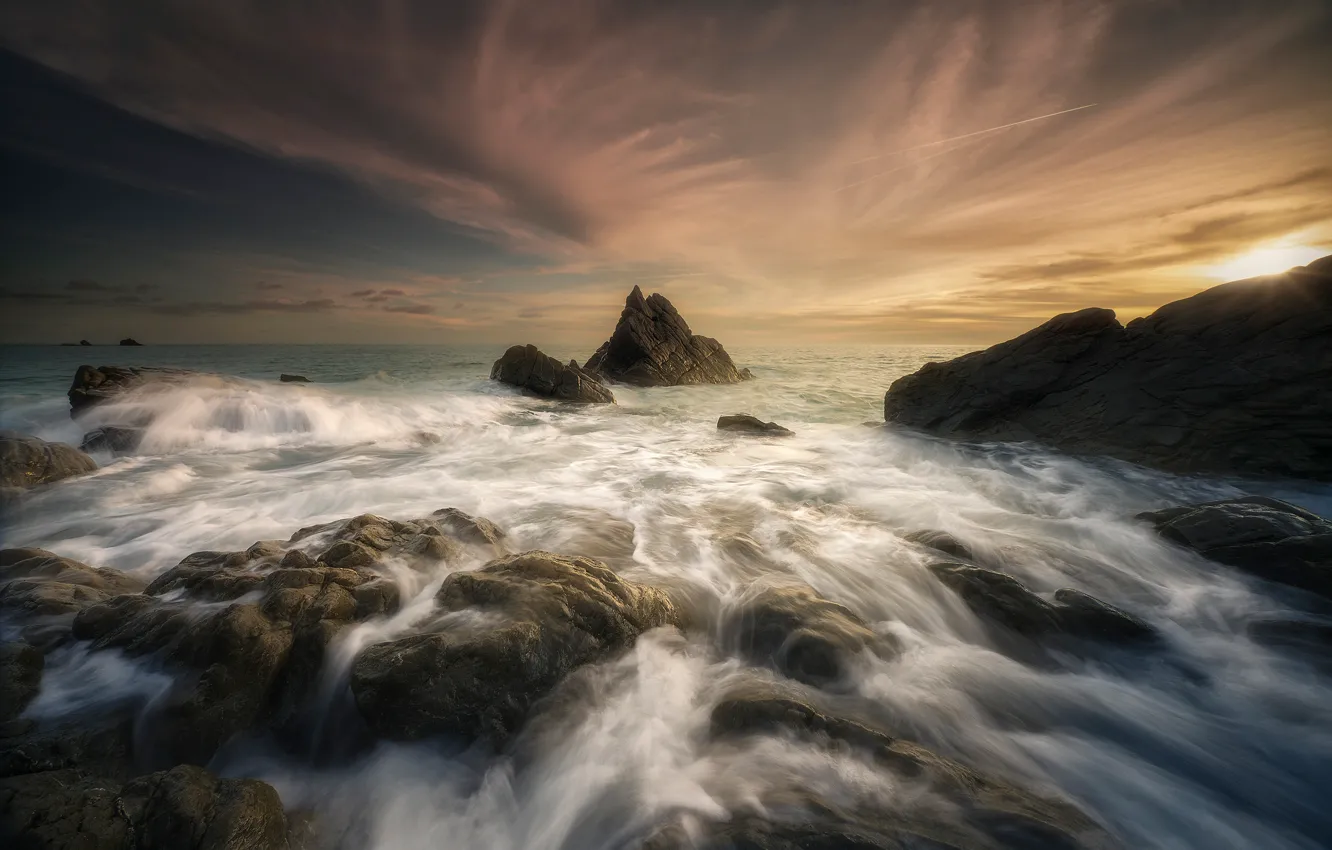 Photo wallpaper sea, sunset, stones, rocks, The Ligurian sea