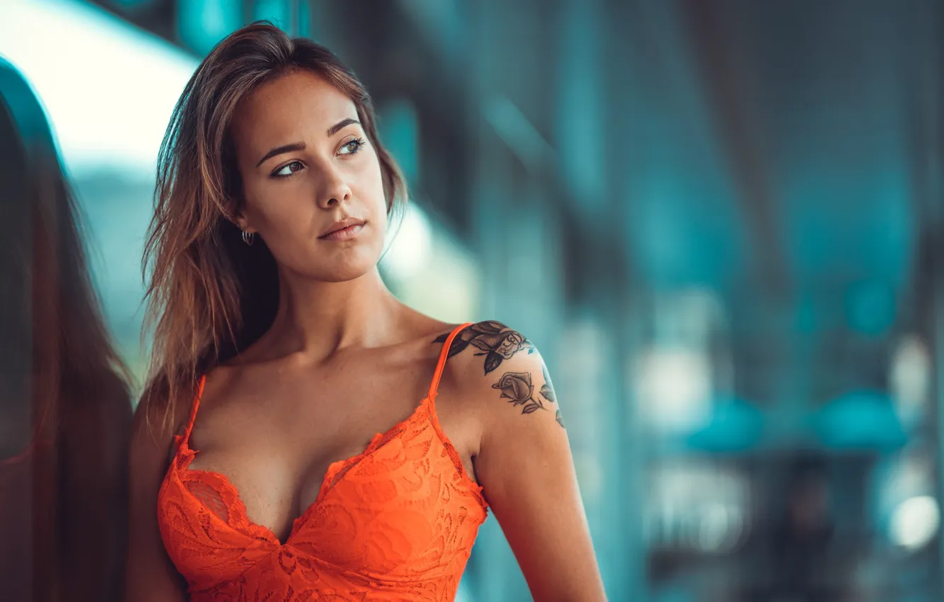 Photo wallpaper sexy, model, portrait, makeup, dress, tattoo, hairstyle, brown hair