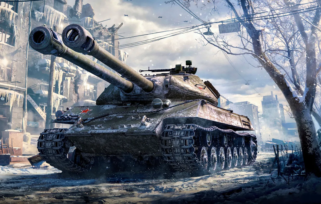 Photo wallpaper Home, Winter, The city, Snow, Frost, Tank, Game, WoT