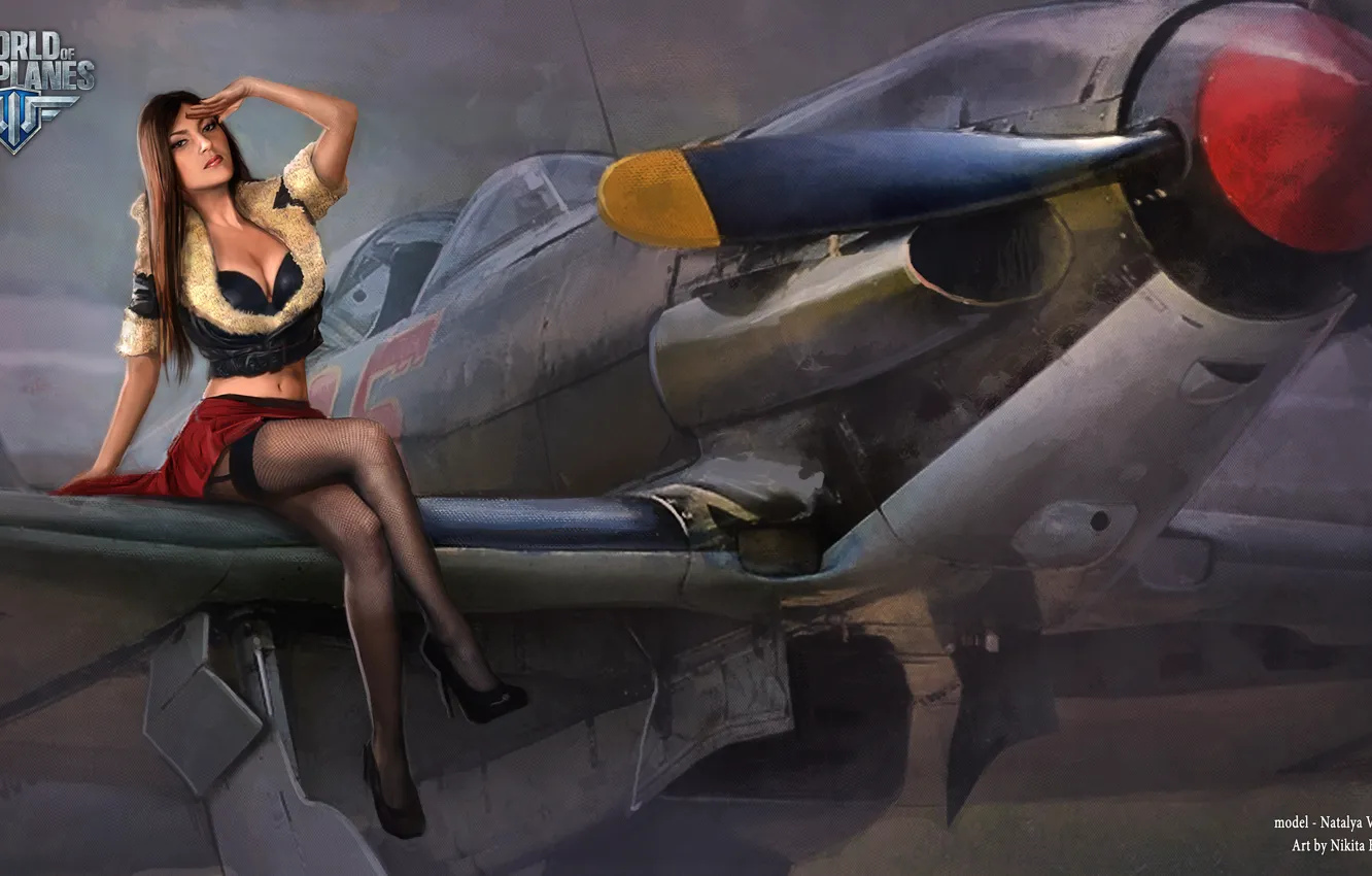 Photo wallpaper girl, the plane, stockings, fur, girl, aviation, air, MMO