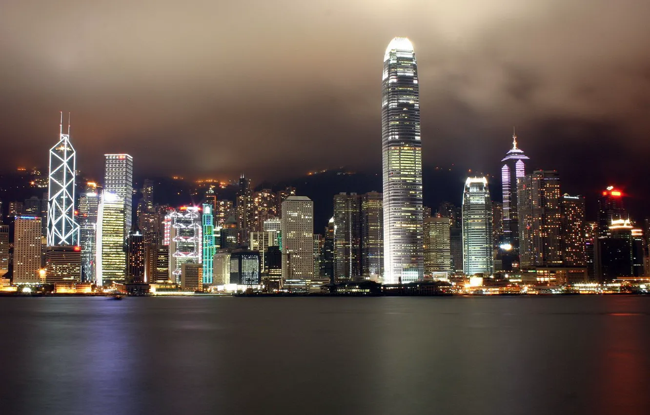 Photo wallpaper night, Hong Kong, skyscrapers, Lights
