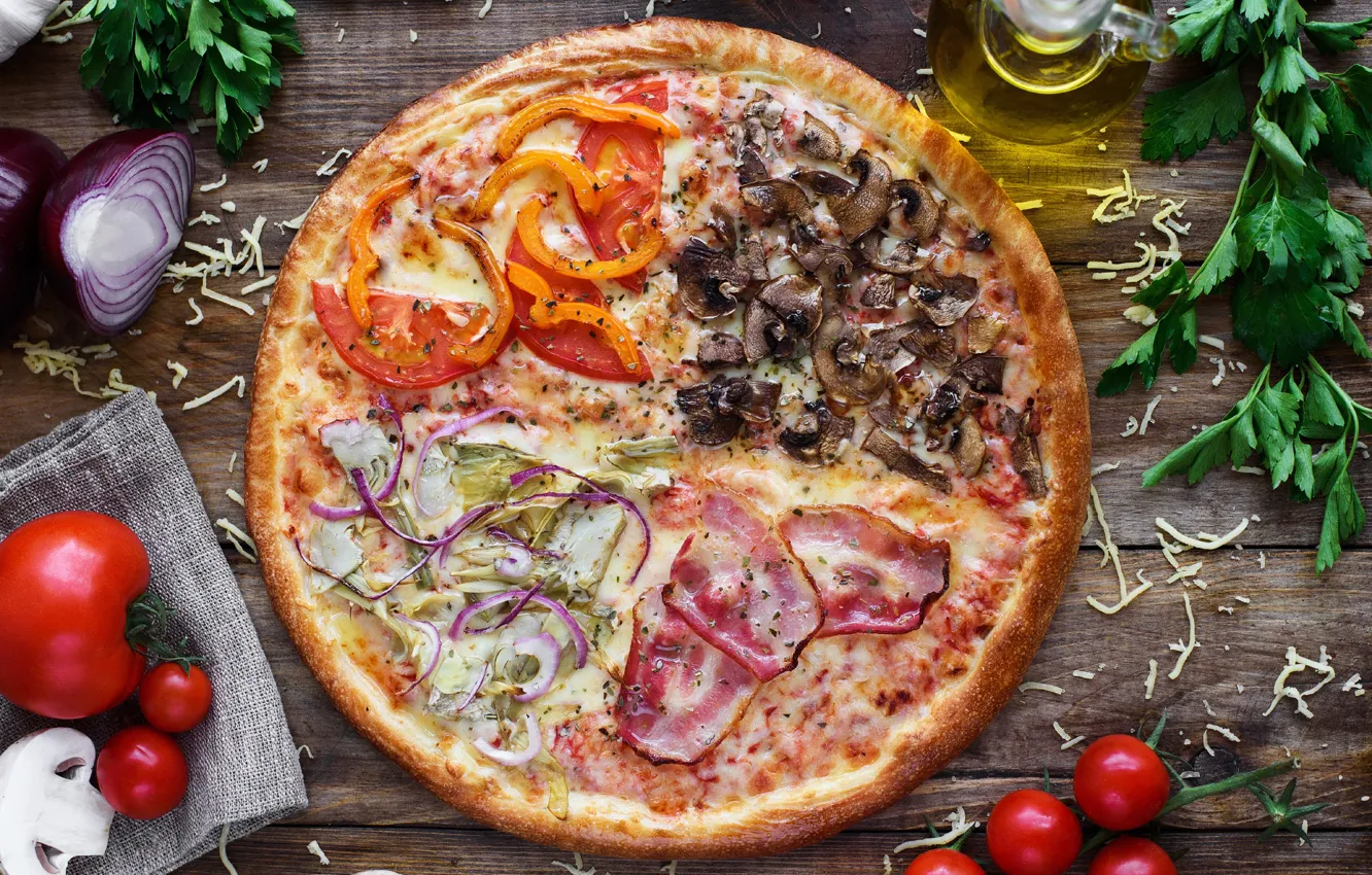 Photo wallpaper greens, mushrooms, cheese, meat, pizza, tomatoes