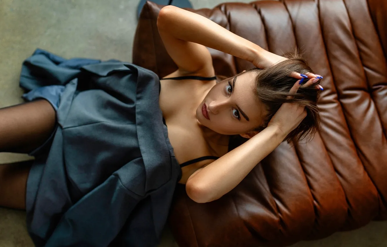 Photo wallpaper look, girl, pose, hands, jacket, on the floor, Sergey Bogatkov