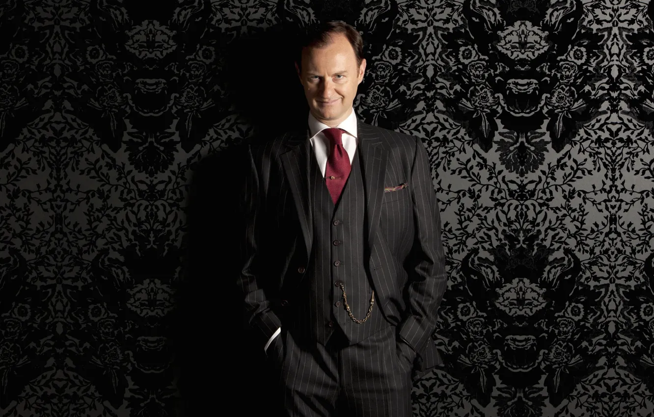 Photo wallpaper smile, Sherlock, Mark Gatiss, Mycroft Holmes, Sherlock BBC, Sherlock Holmes, Sherlock (TV series), black Wallpaper