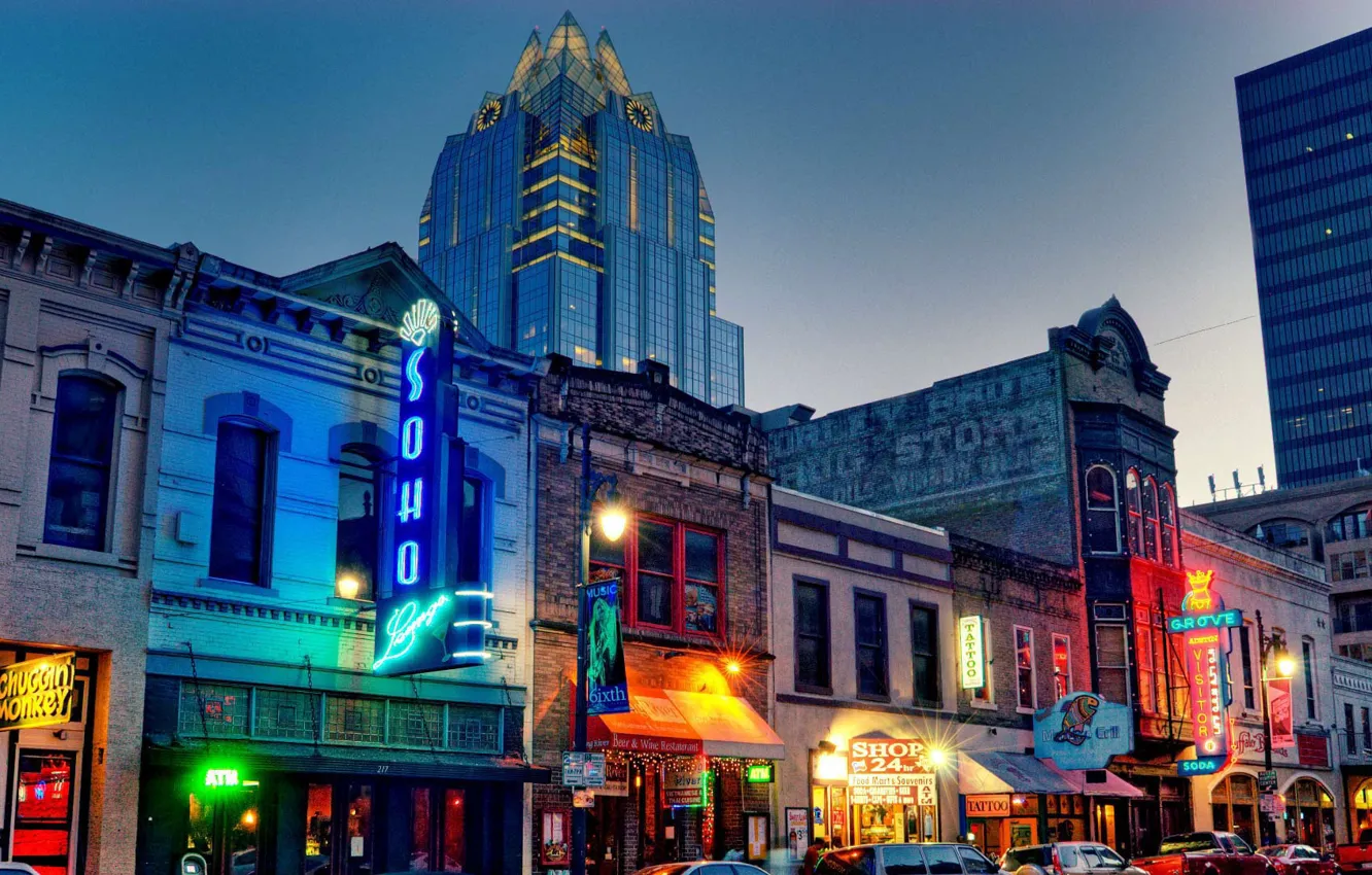 Photo wallpaper lights, street, home, the evening, USA, Austin, Texas, Six Street