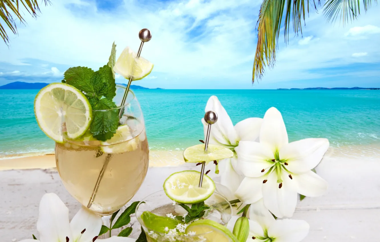 Photo wallpaper beach, cocktail, summer, drink, beach, fresh, flowers, fruit