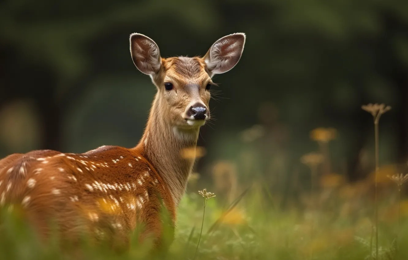 Photo wallpaper summer, face, flowers, nature, glade, deer, fawn, digital art