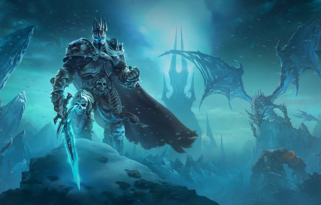 Photo wallpaper Mountains, Dragon, Death Knight, Frostmourne, World Of Warcraft, Arthas Menethil, Arthas Menethil, The Lich king