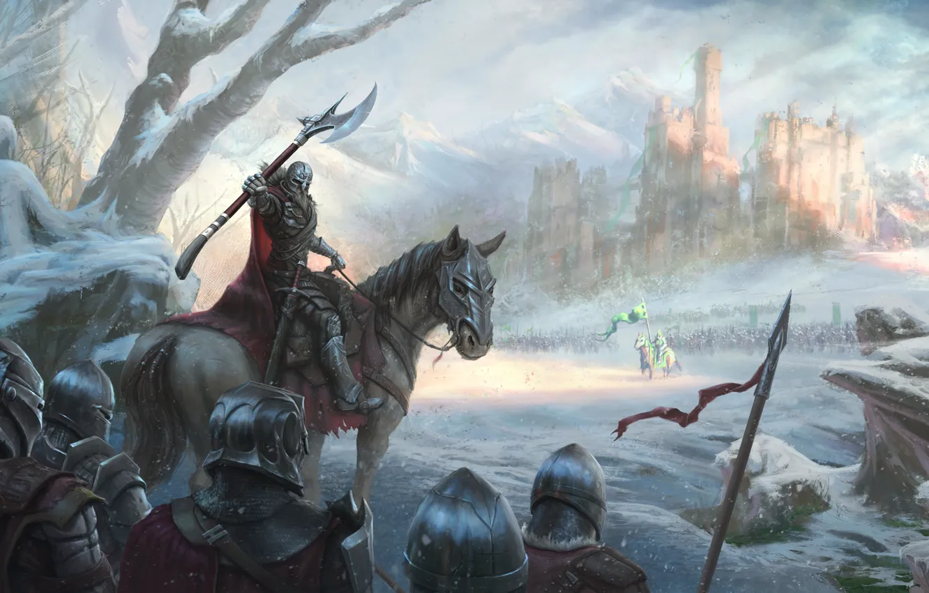 Photo wallpaper cold, winter, snow, castle, horse, army, battle, knight
