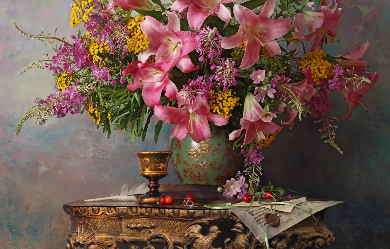 Photo wallpaper letter, style, background, pen, Lily, bouquet, vase, still life