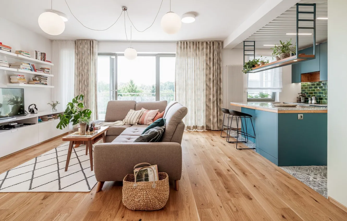 Photo wallpaper style, interior, by Marmur Studio, Apartment in Wroclaw, Apartment in Wrocław, cozy, living room, Poland