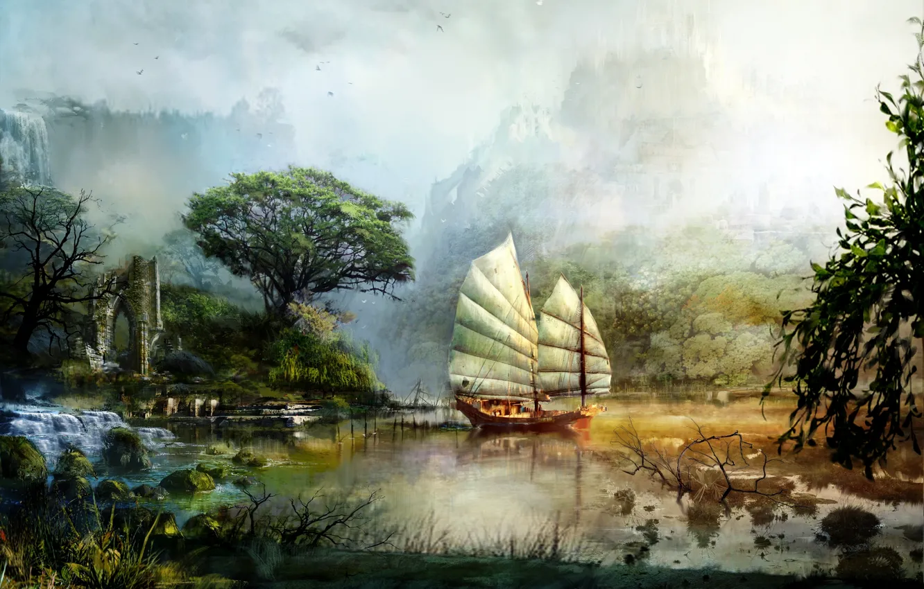 Photo wallpaper water, landscape, mountains, lake, ship, sailboat, art, ruins