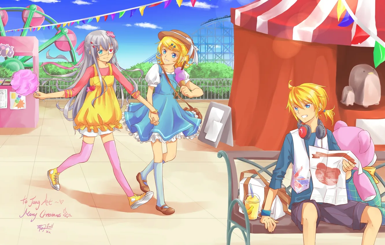 Photo wallpaper the sky, girl, clouds, bench, toy, hat, headphones, bear