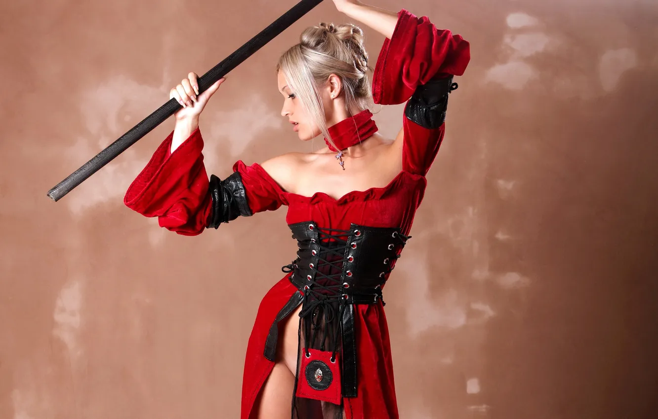 Wallpaper BLONDE DRESS RED CORSET LACING SWORD Monika Chantal For Mobile And Desktop