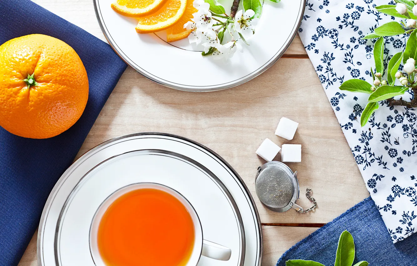 Photo wallpaper branches, table, tea, orange, Cup, sugar, flowering, saucer