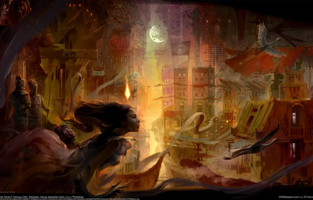 Photo wallpaper girl, the city, home, soldiers, Ghost, China, cranes, henryca citra