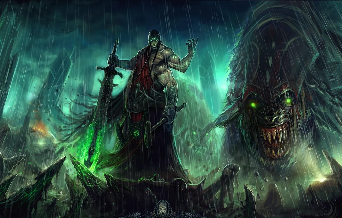 Photo wallpaper green, Muscle, sword, pose, steel, creature, arms, swamp