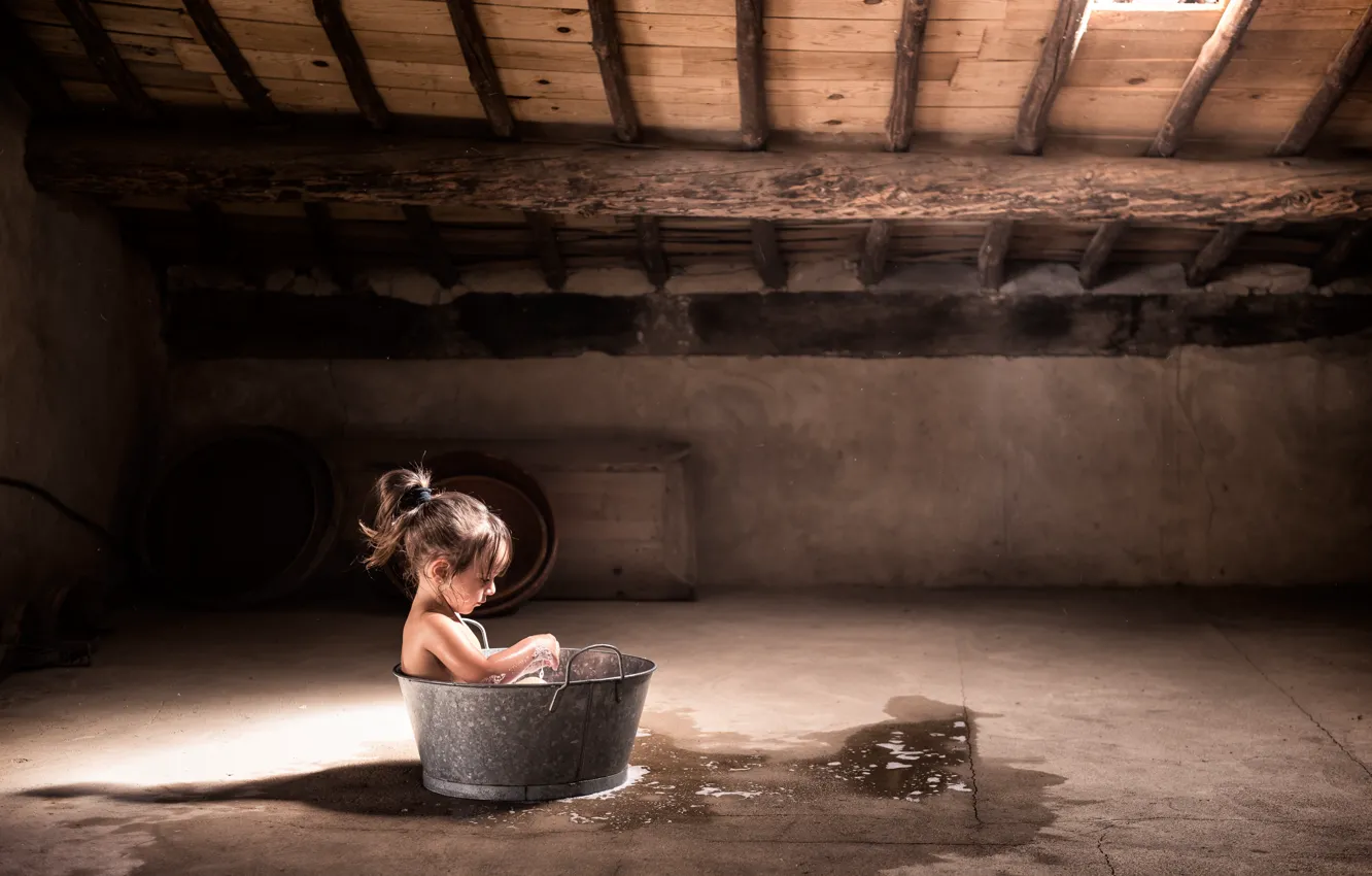 Photo wallpaper girl, attic, basin