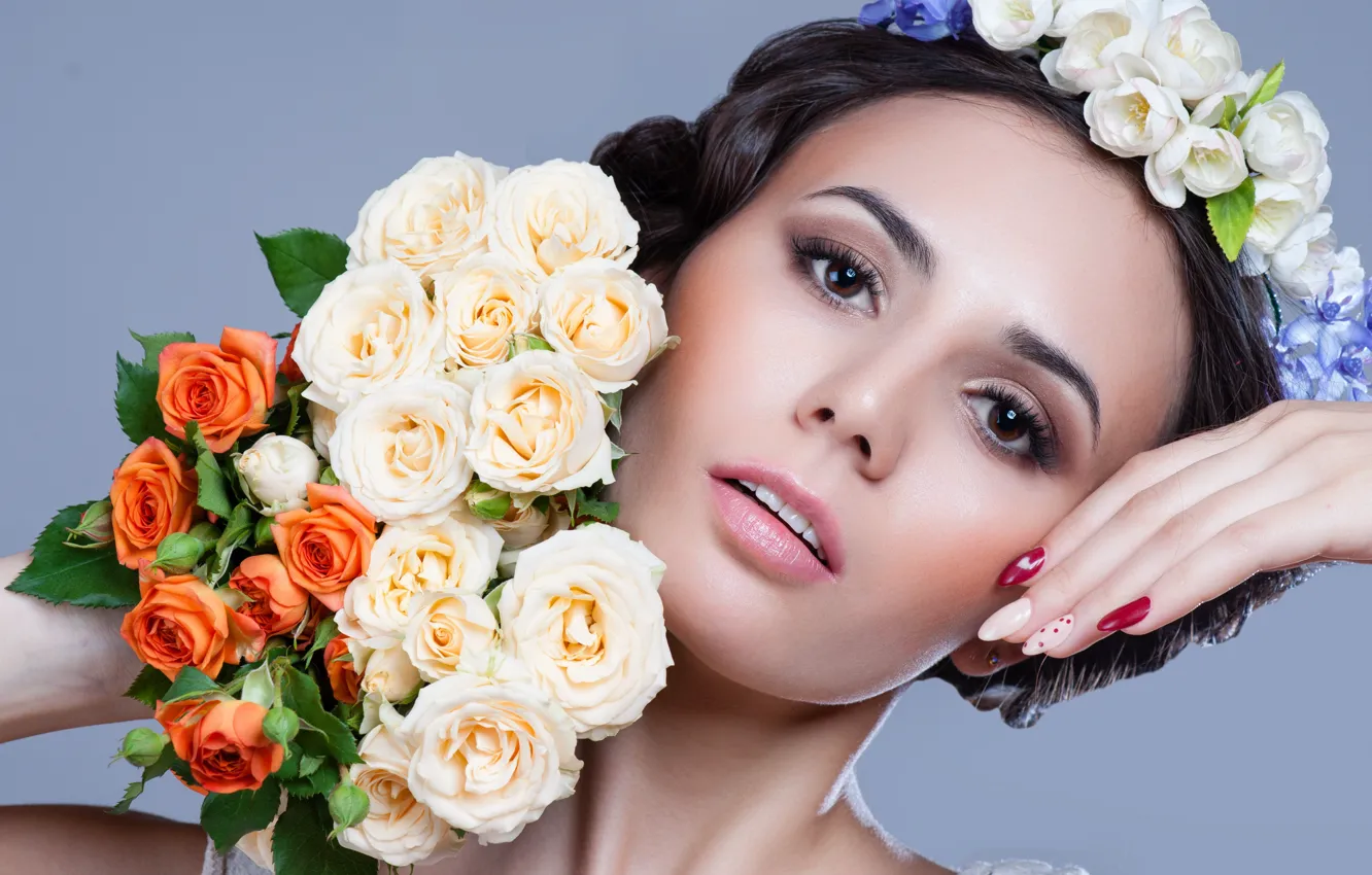 Photo wallpaper look, girl, flowers, portrait, makeup, wreath, Elena Kharichkina