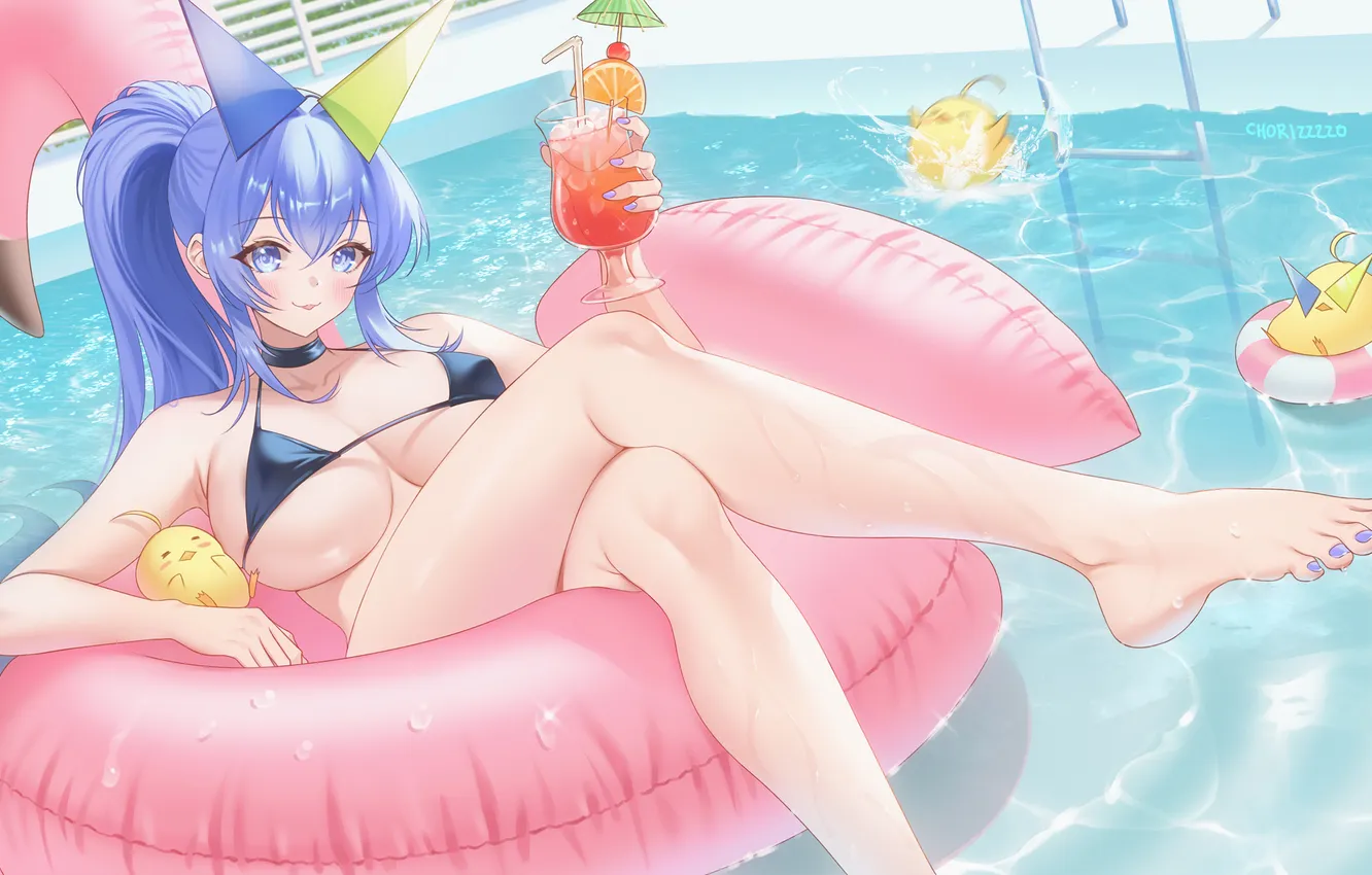 Photo wallpaper long hair, blue eyes, ponytail, New Jersey, smiling, feet, Big boobs, blue hair