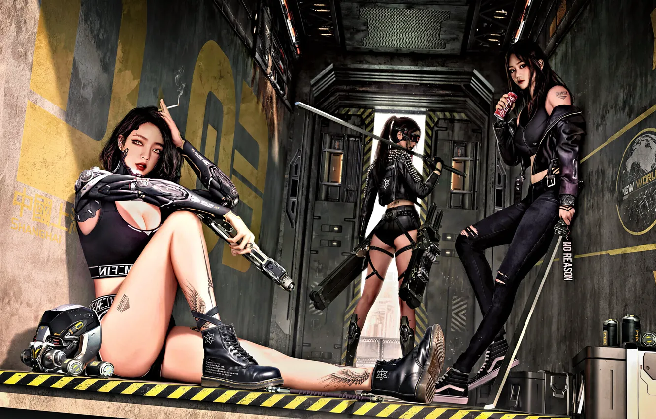 Photo wallpaper look, girl, pose, gun, weapons, fatigue, katana, pistol