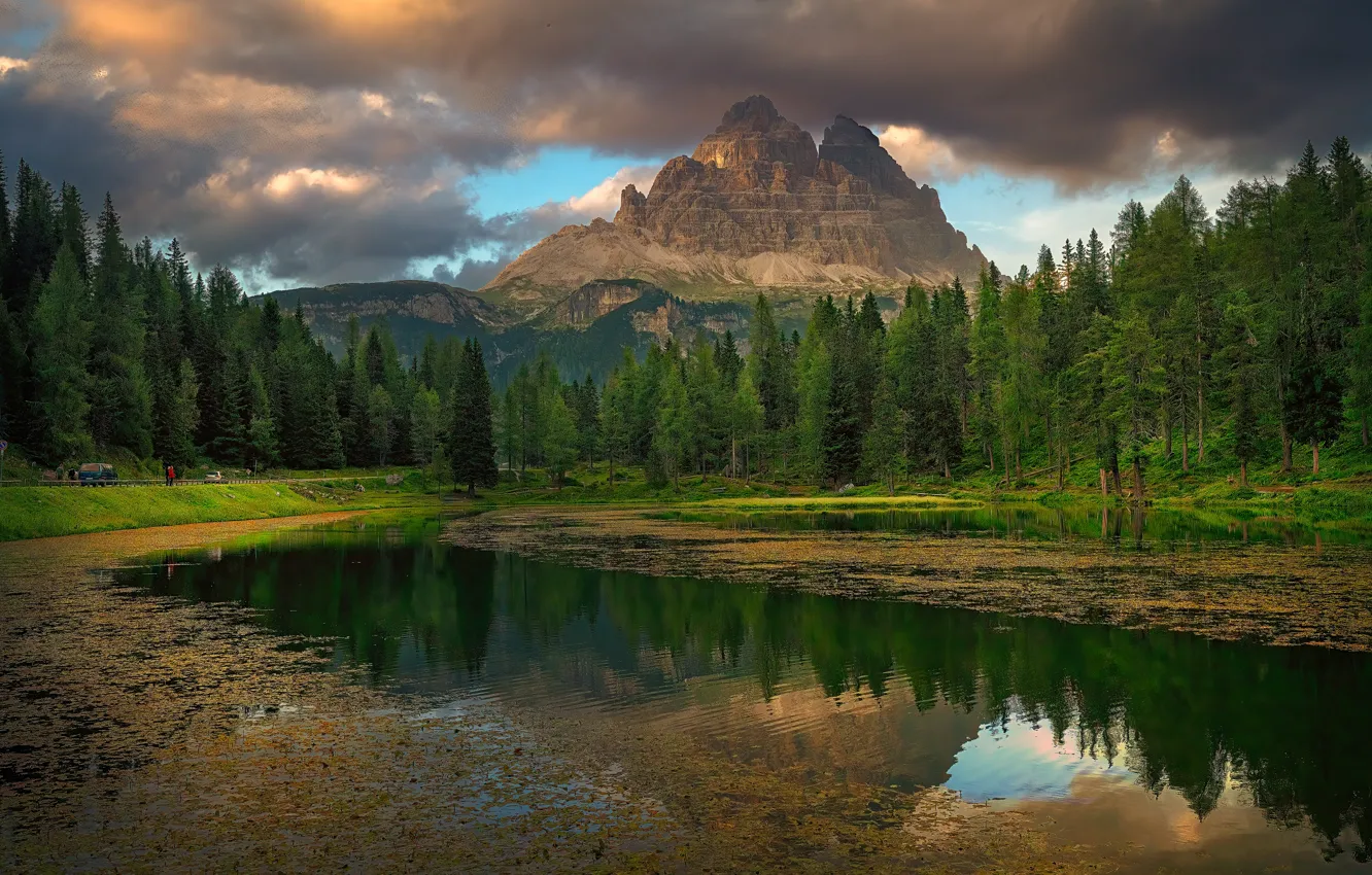 Photo wallpaper forest, summer, mountains, clouds, lake, reflection, rocks, shore