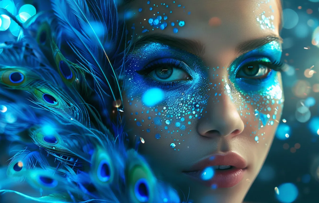 Photo wallpaper purple, look, girl, close-up, blue, face, pose, glare