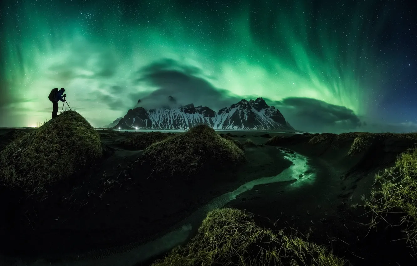 Photo wallpaper stars, mountains, night, hills, shore, people, Northern lights, Iceland